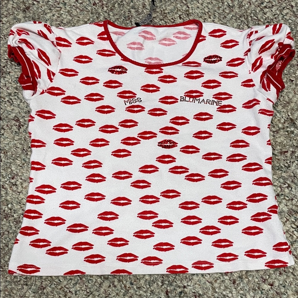 Miss Blumarine White Tee with Red Lip Print